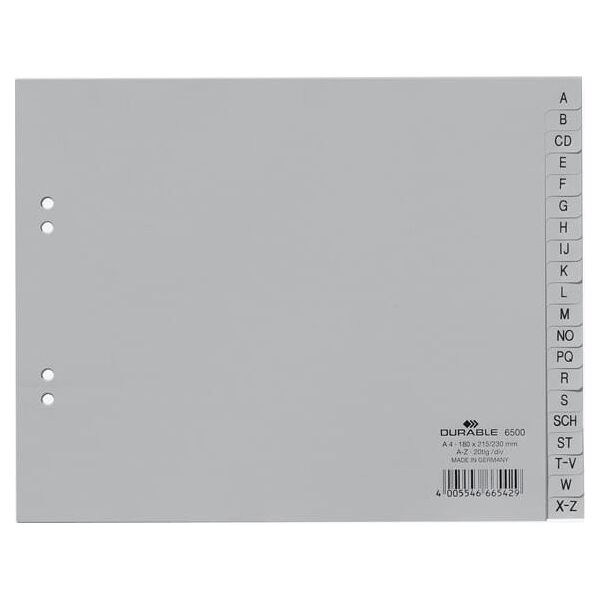 Durable PRZEKŁADKI A4 POZIOM PP A-Z ALFABETYCZNE SZARE 20 PRZEKŁADEK DURABLE 12373234 4005546665429