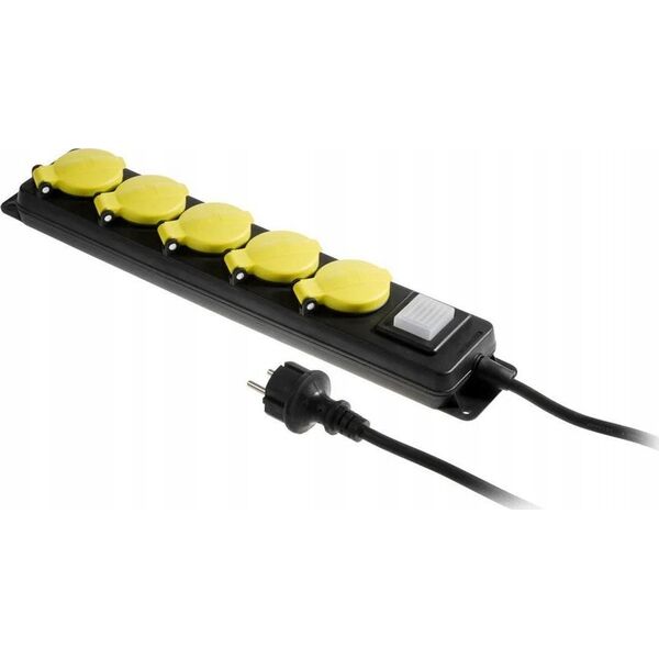 AWTools AWTOOLS PRZEDŁUŻACZ WARSZTATOWY CZARNY 5 GNIAZD 5,0m Z UZIEMIENIEM, WYŁĄCZNIK  IP44 3x1,5mm 13297621 5903678620417