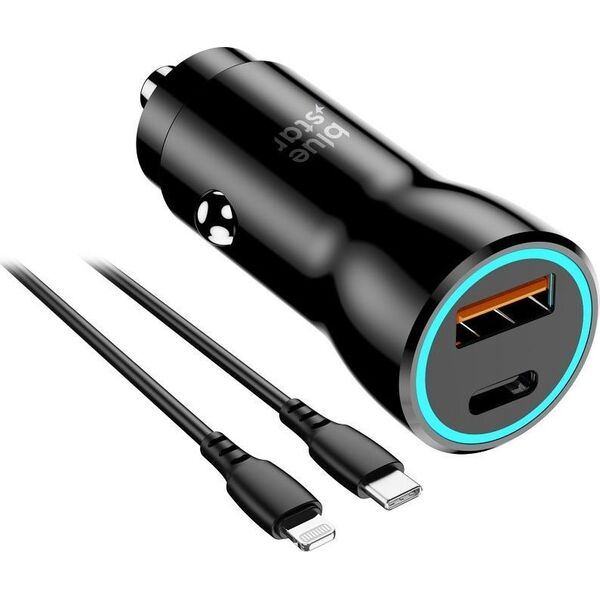 Ładowarka Blue Star BLUE STAR ładowarka samochodowa 3A 25W Typ C + USB A + kabel Typ C do Lightning PD QC3.0 AFC PPS czarna 13963038 5903396275807
