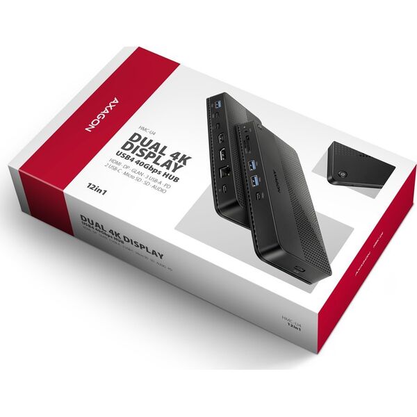 HUB USB Axagon AXAGON HMC-U4, stacja dokująca USB4 40 Gb/s, 3x USB-A, 2x USB-C, HDMI & DP 8K/30Hz, RJ-45, SD/mSD, audio, PD 100W, kabel