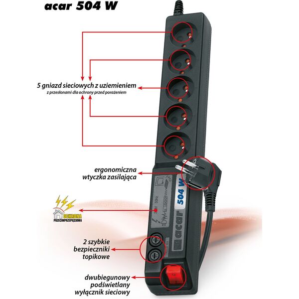 Listwa zasilająca Acar 504W przeciwprzepięciowa 5 gniazd 5 m czarna (W0071) 2120 5904743005904