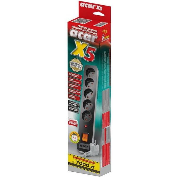 Listwa zasilająca Acar X5 przeciwprzepięciowa 5 gniazd 1.5 m czarna (W0179) 753200 5904743525303