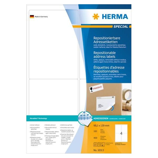 Herma Etykiety adresowe odklejalne A4, białe, papier matowy nieprzejrzysty, 400 szt., zaokrąglone narożniki (10313) 785658 4008705103138
