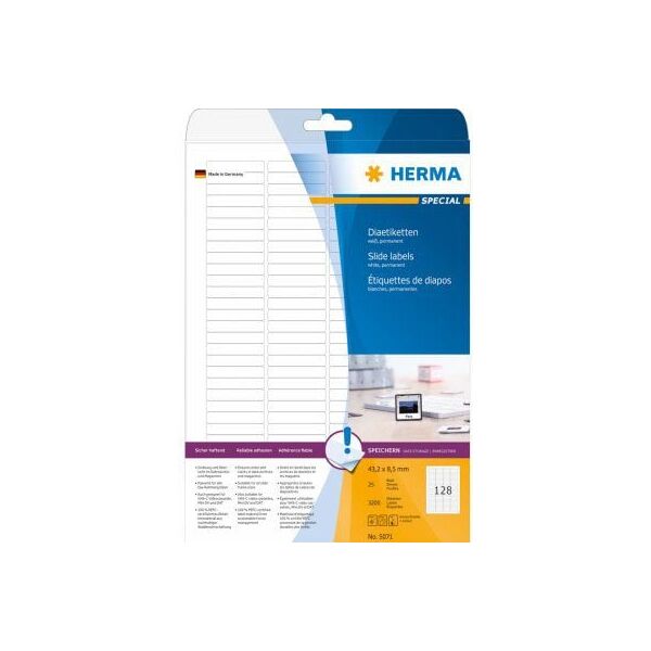 Herma Etykiety slajdów, biały, 43,2 x 8,5 mm, do wszystkich klatek slajdów, matowy papier, 25 arkuszy (5071) 785481 4008705050715