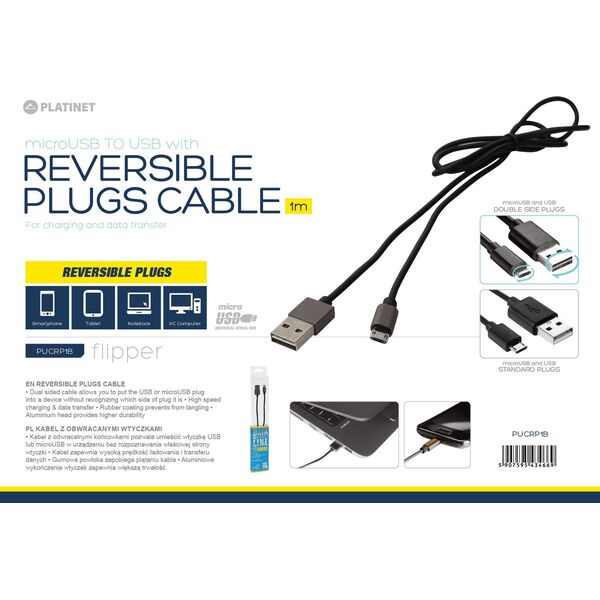 Kabel USB Platinet USB-A - microUSB 1 m Czarny (PUCRP1B) 929608 5907595434669