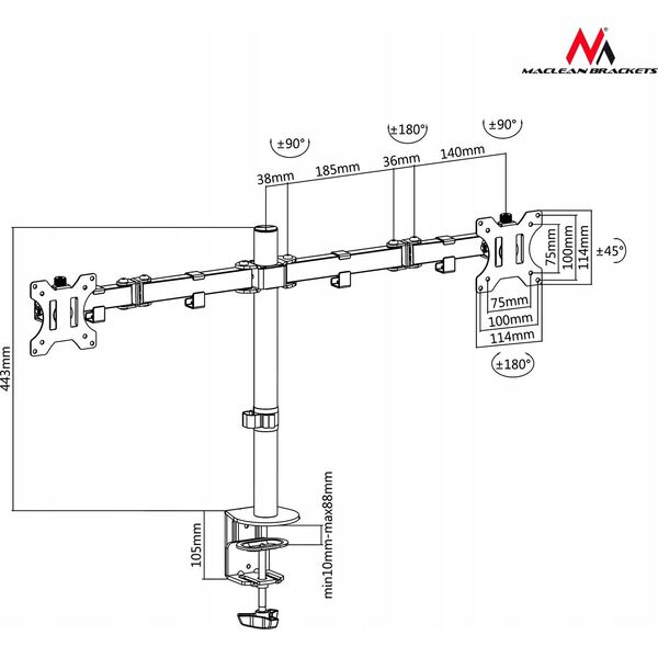 Maclean Uchwyt biurkowy na 2 monitory 13" - 32"  (MC-754) 1345912 5902211106203