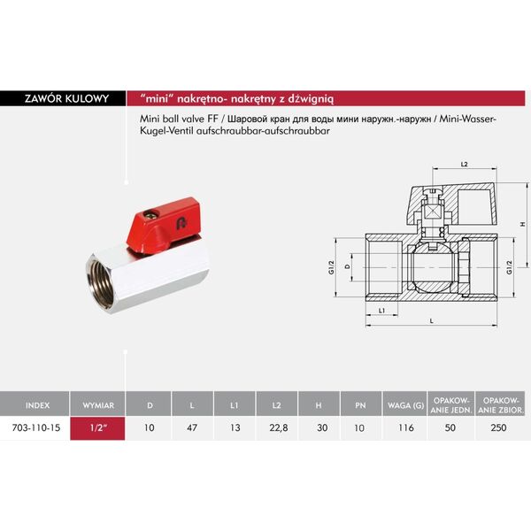 KFA Zawór kulowy nakrętno-nakrętny 1/2" wodny (703-110-15) 3036463 5907571700290