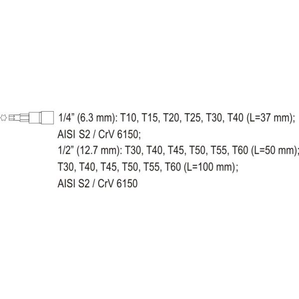 Yato Zestaw nasadek trzpieniowych Torx 1/4" 1/2" T10-T60 18szt. (YT-7751) 3048262 5906083977510