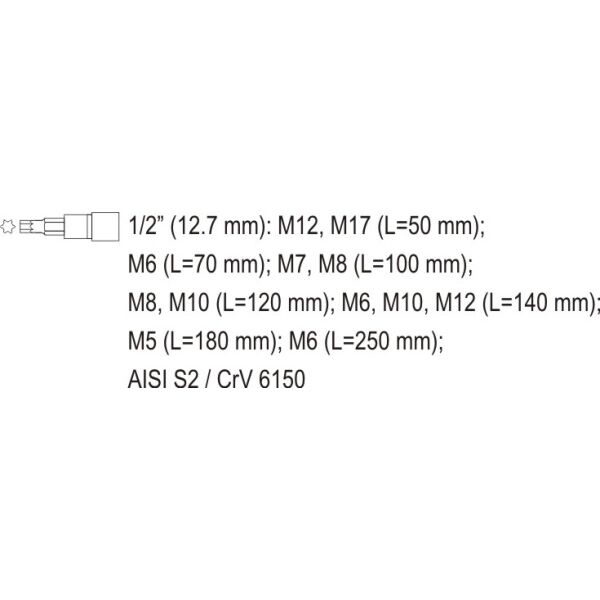 Yato Zestaw nasadek trzpieniowych Spline 1/2" M5-M17 krótkie i długie 12szt. (YT-7753) 3048264 5906083977534