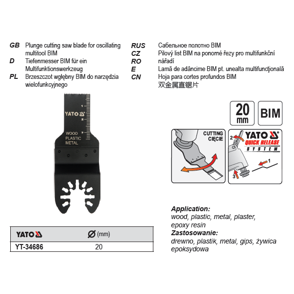 Yato Brzeszczot wgłębny BIM do narzędzia wielofunkcyjnego 20mm (YT-34686) 3069866 5906083346866