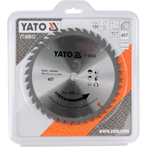Yato Piła tarczowa do drewna z węglikiem wolframu 40T 190x16mm (YT-60633) 3124499 5906083606335