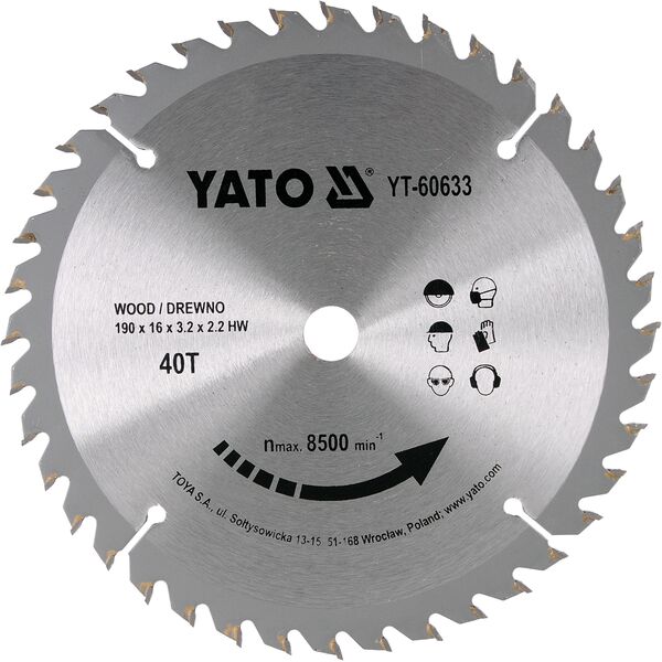 Yato Piła tarczowa do drewna z węglikiem wolframu 40T 190x16mm (YT-60633) 3124499 5906083606335