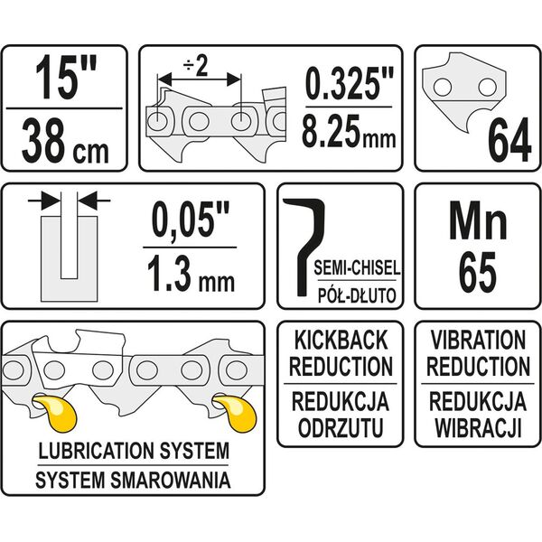 Yato Łańcuch tnący 15" 0.325, 64 ogniw półdłuto szerokość 1,3mm (YT-84945) 3178750 5906083849459