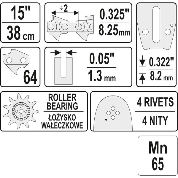 Yato Prowadnica łańcucha 38cm 15" podziałka 0,325" U dla YT-84905, YT-84945, YT-84962 (YT-84933) 3178753 1110003138187