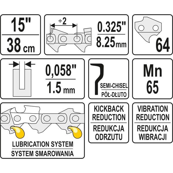 Yato Łańcuch tnący 15" 64 ogniw dopił 0,325" pół dłuto (YT-84941) 3179893 5906083849411