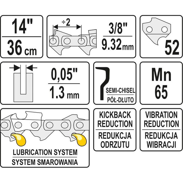 Yato Łańcuch tnący do pilarek 14" podziałka 3/8" 0,05" pół dłuto (YT-84951) 3190659 5906083849510
