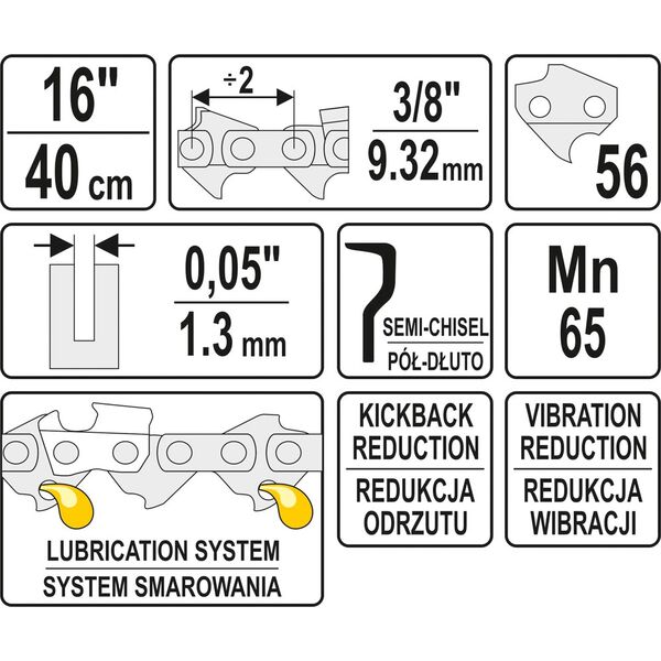 Yato Łańcuch tnący do pilarki 16" podziałka 3/8" grubość 0,05" 56 pól dłuto (YT-84954) 3190661 5906083849541