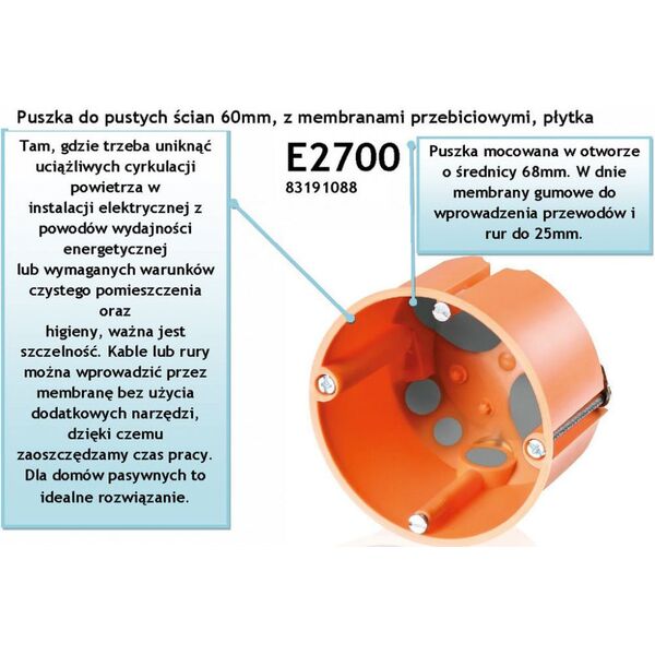 Simet Puszka podtynkowa gips, głęboka, z membraną,pomarańczowa E3700 (83192088) 3343304 4034338913073