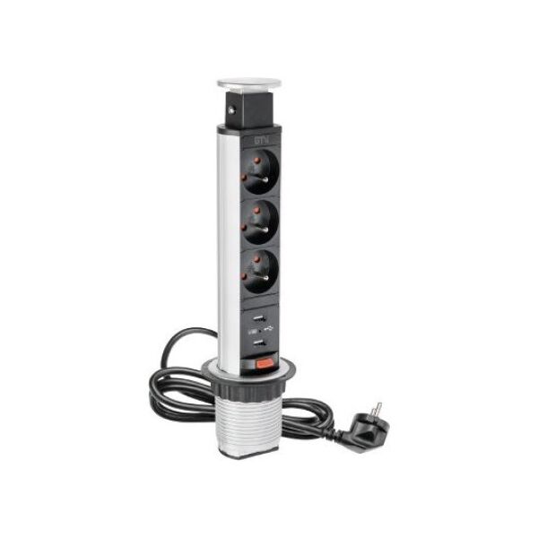 GTV Biurkowy przedłużacz wpuszczany 60mm srebrny 3 x gniazdo z uziemieniem 2 x USB 2,1A 5V 1,5m (AE-BPW3U60U-80) 3398532 5901867166586
