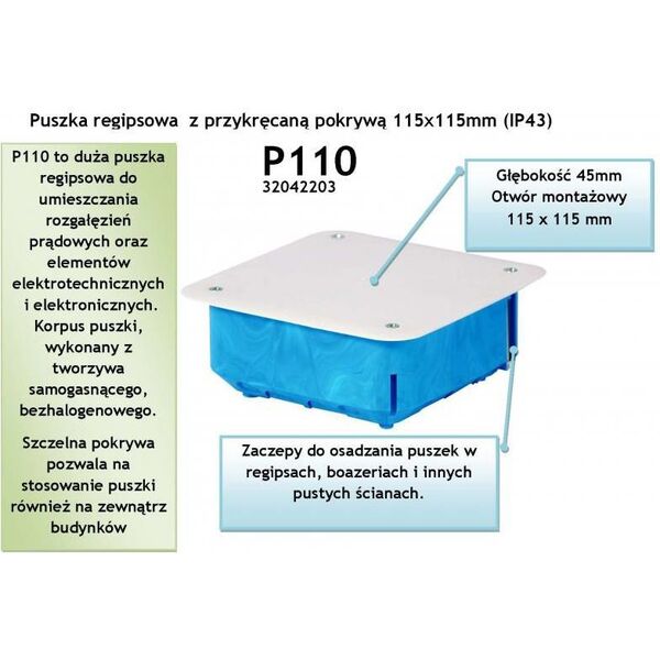 Simet Puszka podtynkowa regips 115x115x45mm niebieska P 110 (32042203) 3398676 5907813220647