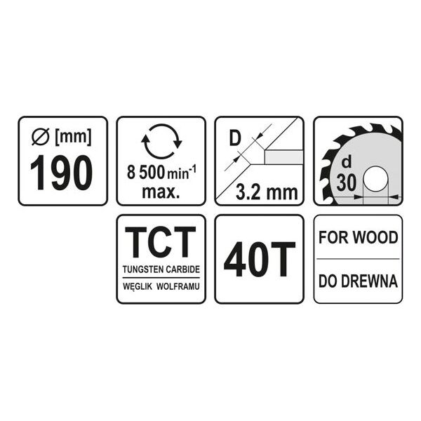 Yato Piła tarczowa z węglikiem wolframu do cięcia drewna 190x40Tx30mm (YT-60489) 3406325 5906083604898