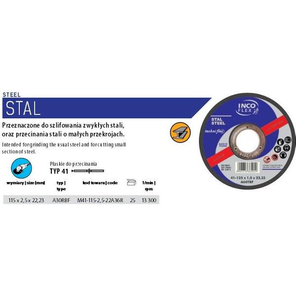Techniflex Tarcza do cięcia metalu 115 x 2,5 x 22,2mm (IFM41-115-2.5-22A36R) 4759598 5904378360429