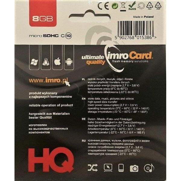 Karta Imro MicroSDHC 8 GB Class 10  (10/8G) 4918240 5902768015386