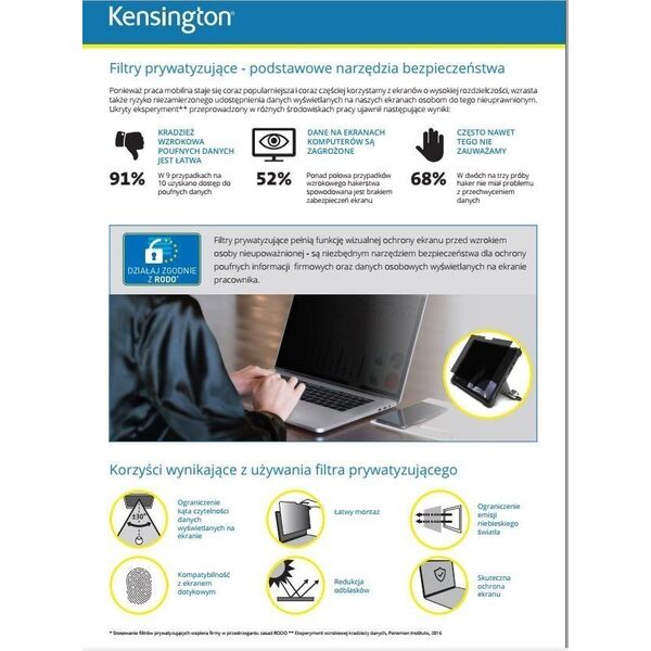 Filtr Kensington Filtr prywatyzujący, 2-stronny, zdejmowany, do monitora 20 cali, 16:9-626480 6285285 4049793057798