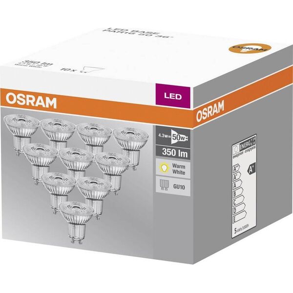 Ledvance OSRAM LED BASE PAR16 36° 4,3W 827 GU10 350lm 2700K (CRI 80) 10000h A++ (Krabička 10ks) 6551266 4058075036680