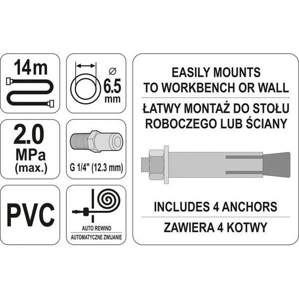 Yato YATO PRZEWÓD / WĄŻ PNEUMATYCZNY NA ZWIJAKU 14m YT-24243 6681058 5906083038402
