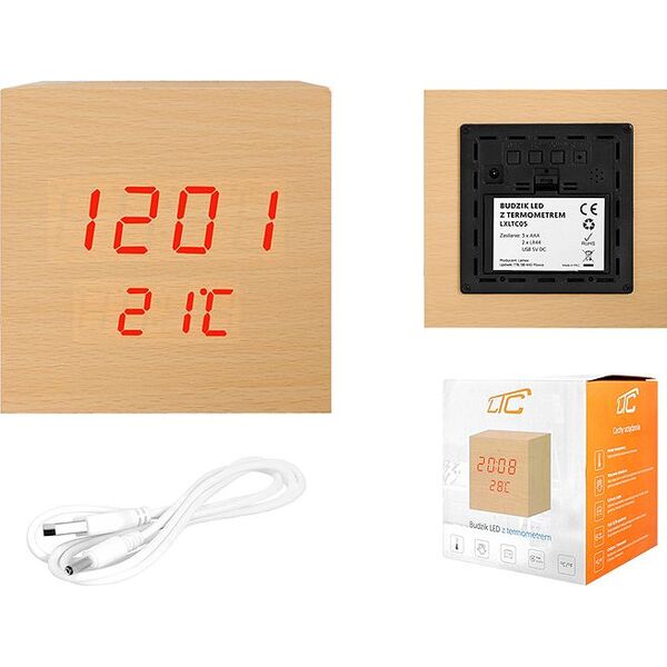 LTC LTC, Budzik kostka LED z termometrem, naturalny kolor drewna. 6694394 5902270730630