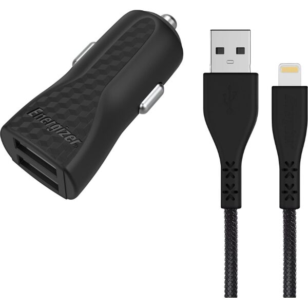 Ładowarka Energizer Energizer Car Charger 2xUSB + Lightning Cable (1.2m) black 7096192 3492548226276