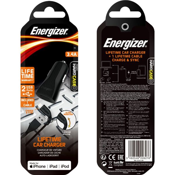 Ładowarka Energizer Energizer Car Charger 2xUSB + Lightning Cable (1.2m) black 7096192 3492548226276