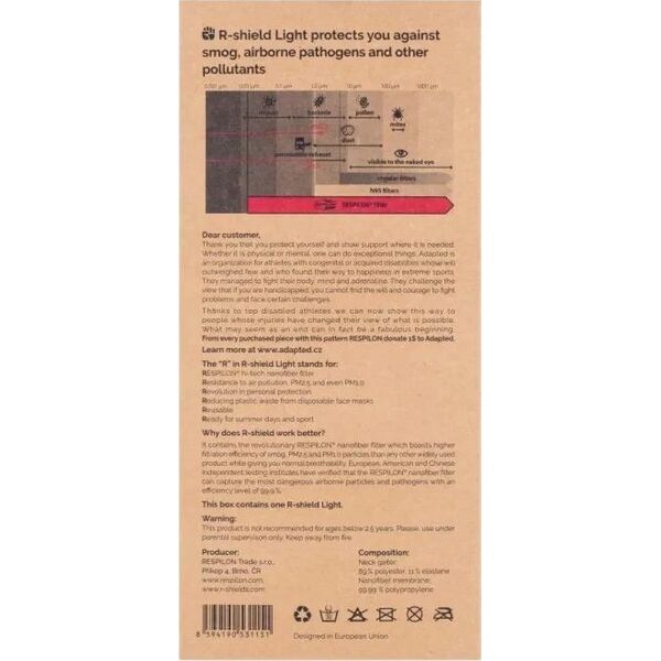 Respilon R-Shield Light Adapted komin z nanowłókna antysmogowy, antywirusowy, antyalergiczny, antybakteryjny EAN 8594190531151 7291608 8594190531151