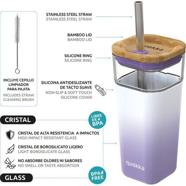 Quokka Quokka Liquid Cube - Kubek szklany 540 ml ze słomką ze stali nierdzewnej (Lilac Gradient) (40055) - 40055 7377621 8412497400553