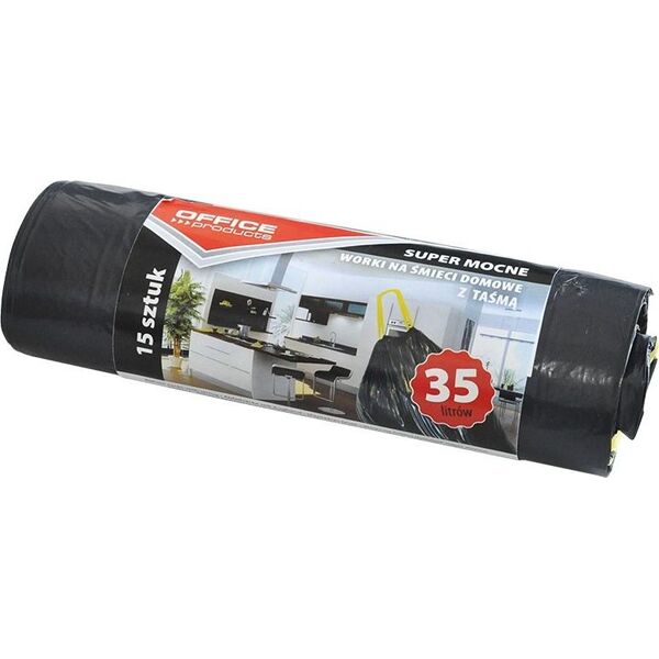 Office Products Worki na śmieci domowe z taśmą OFFICE PRODUCTS, super mocne (LDPE), 35l, 15szt., czarne 7919778 5901503651261