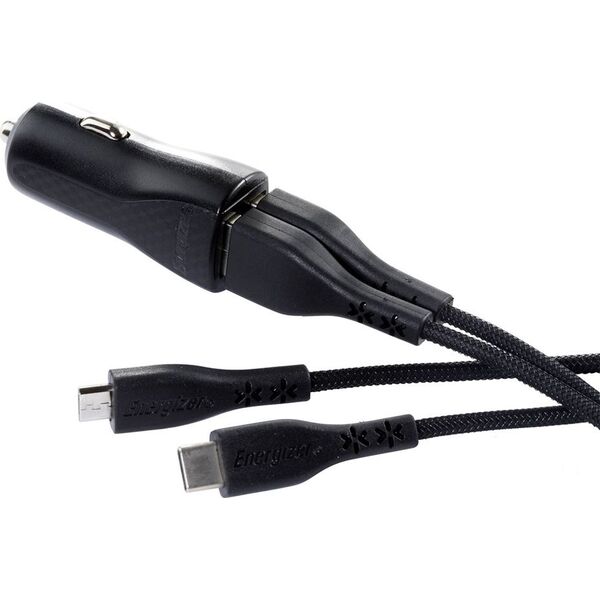 Ładowarka Energizer Energizer Hardcase Ładowarka samochodowa 2USB 2,4A z kablem typ-C i microUSB czarna Lifetime 7924190 3492548226245