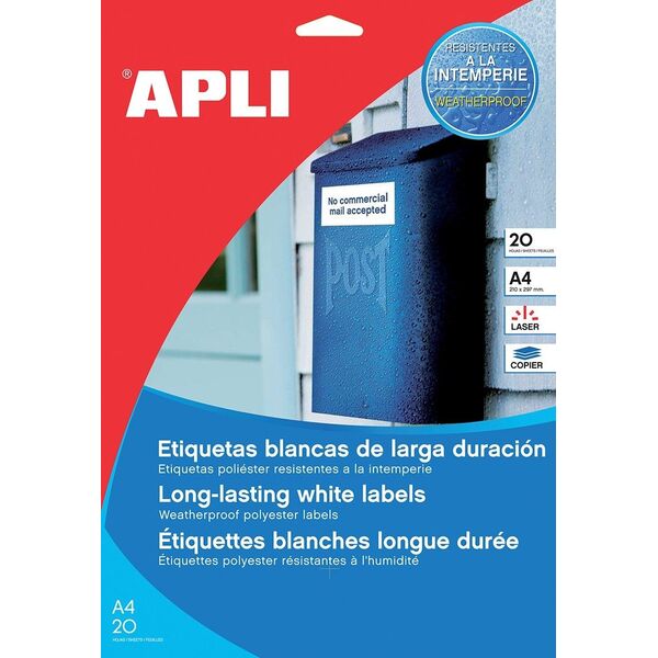 Apli Etykiety poliestrowe APLI, 210x297mm, prostokątne, białe 20 ark. 8240717 8410782012283