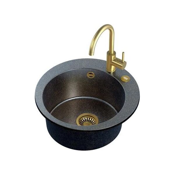 Zlewozmywak Steiner ART JAMES 210 (Ø51x20) Steingran Art Gold Black Pearl z syfonem manualnym, baterią Naomi i zaślepką - czarny opalizacja złota 8408428 5903242537011