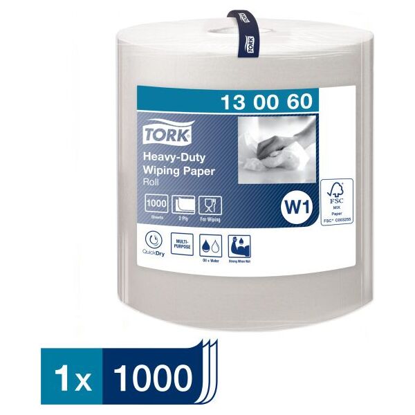 Tork Tork - Czyściwo papierowe w roli do trudnych zabrudzeń, 2-warstwowe, W1, premium, szerokie - Białe 8503891 7322540183597