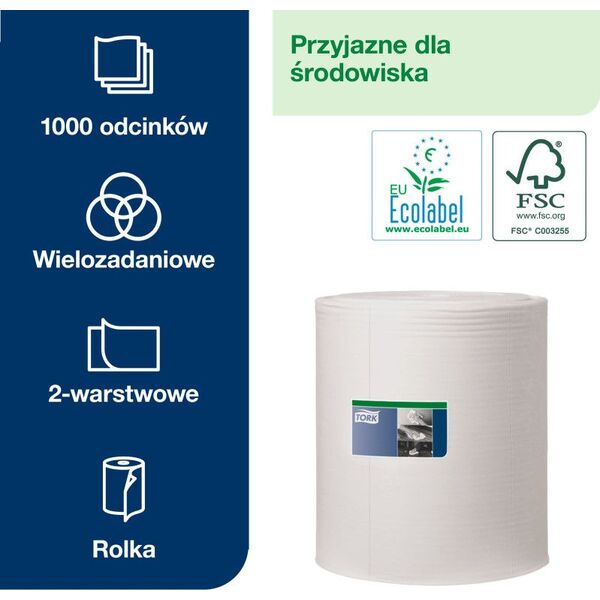Tork Tork - Czyściwo papierowe w roli do trudnych zabrudzeń, 2-warstwowe, W1, premium, szerokie - Białe 8503891 7322540183597