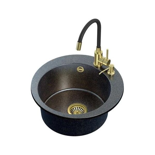 Zlewozmywak Steiner ART JAMES 210 (Ø51x20) Steingran Art Gold Black Pearl z syfonem manualnym, baterią Maggie i dozownikiem - czarny opalizacja złota 8648349 5903242538827