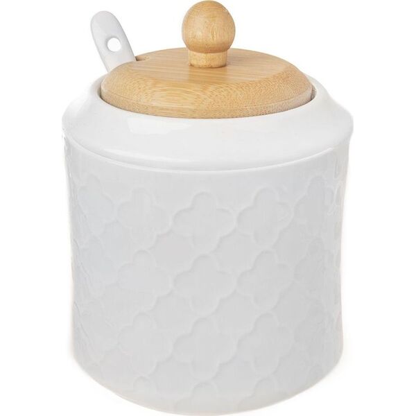 Orion Cukierniczka porcelanowa z łyżeczką i pokrywką bambusową cukiernica pojemnik na cukier 11,5 cm 9454517 8592381174323