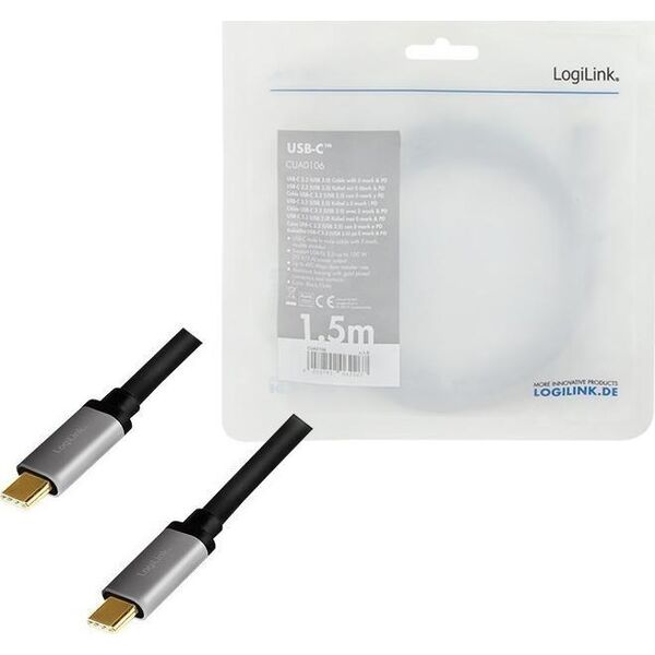 Kabel USB LogiLink USB-C - USB-C 1.5 m Czarno-srebrny (CUA0106)