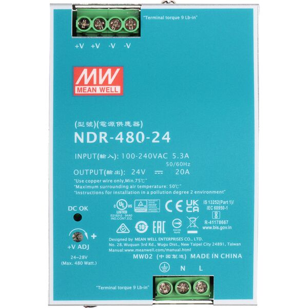 Mean Well Zasilacz impulsowy AC/DC na szynę DIN 480W 90-264VAC Uwyj 24VDC 20A PFC aktywne NDR-480-24 9643534 5902887089855