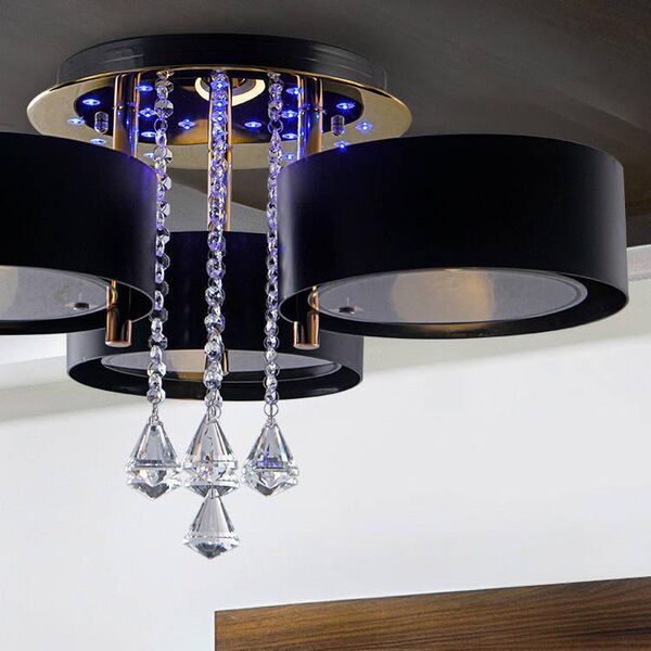Lampa sufitowa Mdeco Glamour LAMPA sufitowa ELMDRS8006/3 TR BL MDECO metalowa OPRAWA z pilotem kryształki złote czarne 9935183 5907737331528