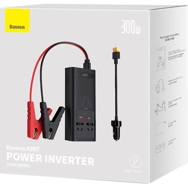 Przetwornica Baseus Baseus IGBT samochodowa przetwornica inwerter prądu 300W 220V (wtyczka CN/EU) czarny (CGNB010101) 11114513 6932172608675
