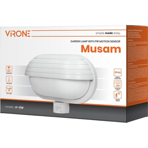Kinkiet Orno MUSAM, oprawa ogrodowa z czujnikiem ruchu 180st, 1x60W, E27, IP44, z przesłoną, plastik, biała Symbol: LF-1/W EAN: 590825,LF-1/W 11210394 5908254816147