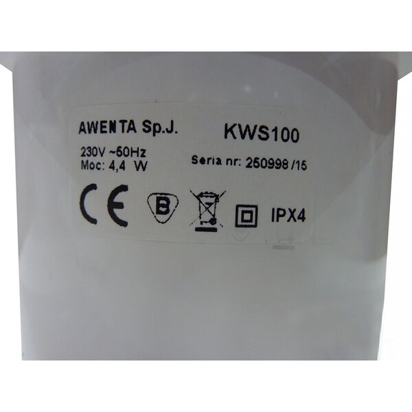 AWENTA Korpus wentylatora Silent Awenta KWS100M 100M fi100mm 75m3/h 4,4W 230V z mikrofalowym czujnikiem ruchu z wyłącznikiem czasowym biały 11268997 5905033307803