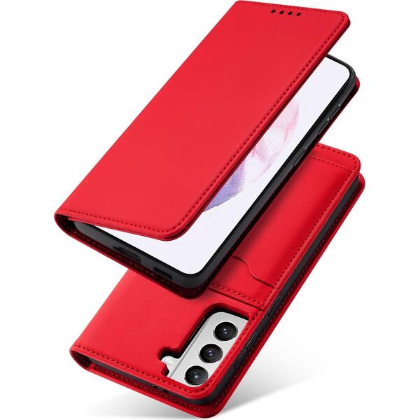 Hurtel Magnet Card Case etui do Samsung Galaxy S22+ (S22 Plus) pokrowiec portfel na karty kartę podstawka czerwony 11542330 9145576251331